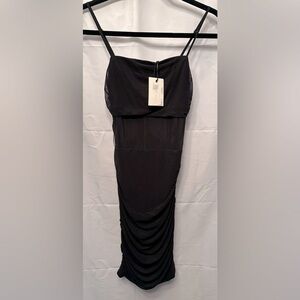 NEW M.N.I. Los Angeles Black Ruched Mini Dress‎ Sheer Detail Zip Back Size Small